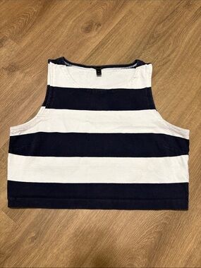 J Crew Cropped Rugby Striped Navy and White Tank Top Size XL